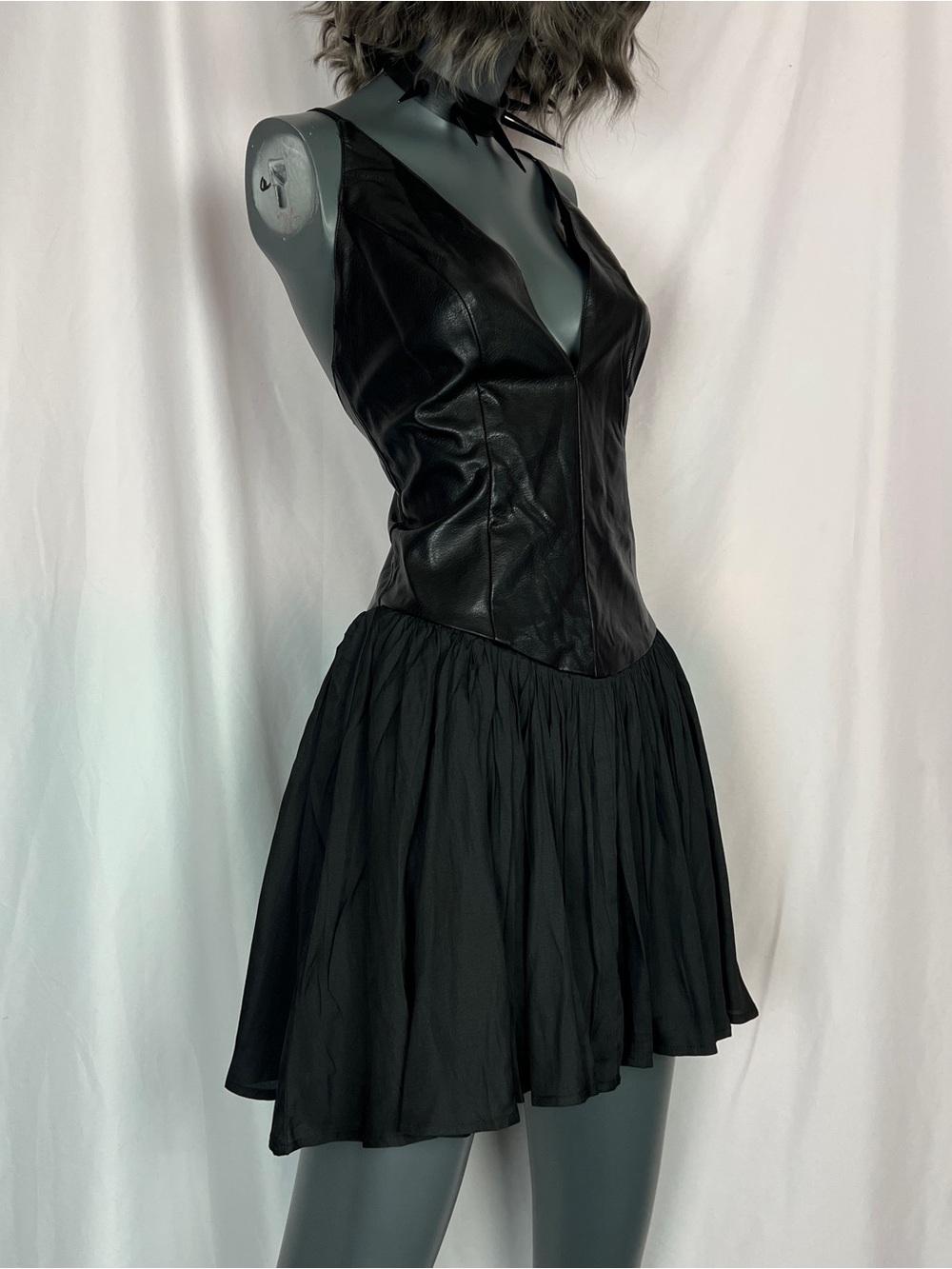 Black Faux Leather Strapless Mini Party Dress